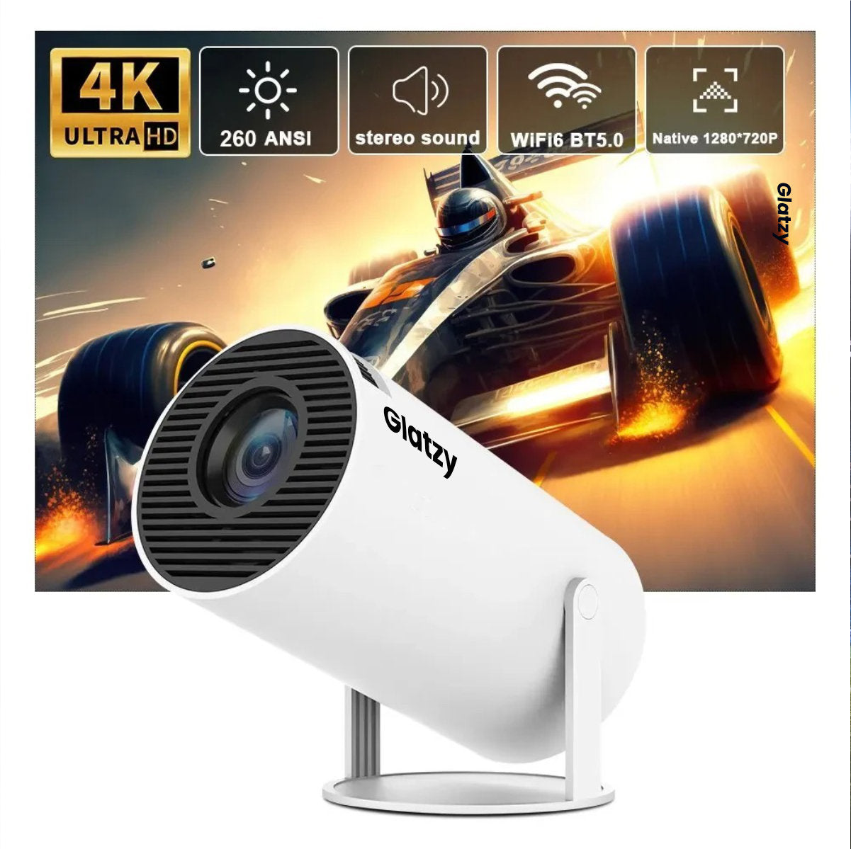 Glatzy™ | Premium Mini Round Projector Hy300 4K